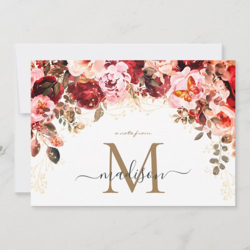Elegant Burgundy Blush Floral Gold Monogram Note Card