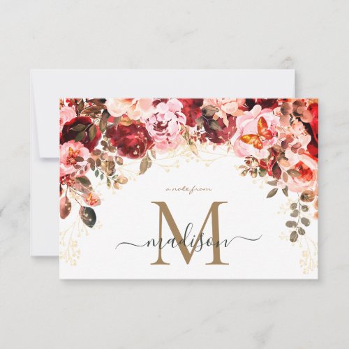 Elegant Burgundy Blush Floral Gold Monogram Note Card