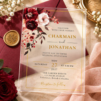 Elegant Burgundy Blush Floral Gold Wedding Acrylic Invitations