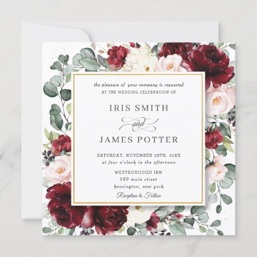 Elegant Burgundy Blush Floral Gold Wedding Square Invitation