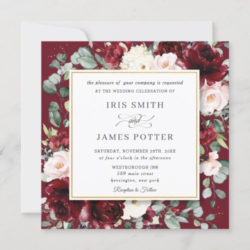 Elegant Burgundy Blush Floral Gold Wedding Square Invitation