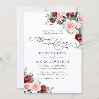 Elegant Burgundy Blush Floral Greenery Wedding Invitation | Zazzle