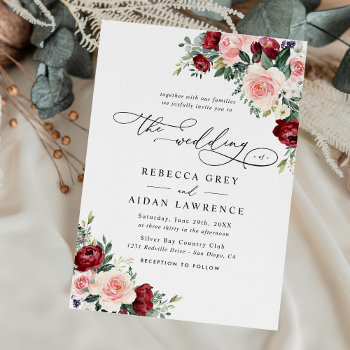Elegant Burgundy Blush Floral Greenery Wedding Invitation by PeachBloome at Zazzle