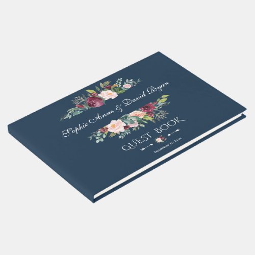 Elegant Burgundy Blush Floral Navy Blue Wedding Guest Book