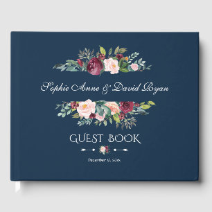 Elegant Burgundy Blush Floral Navy Blue Wedding Guest Book