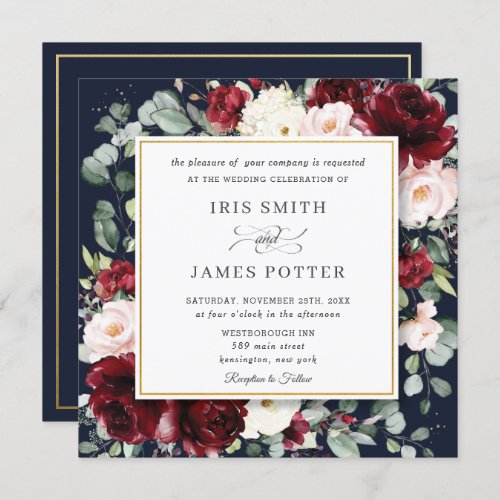 Elegant Burgundy Blush Floral Navy Wedding Square Invitation