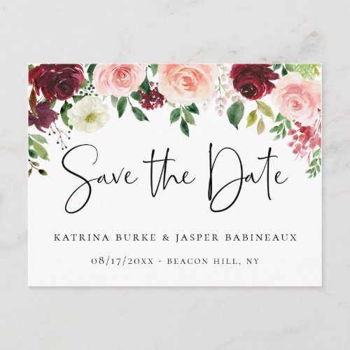 Elegant Burgundy Blush Floral Save the Date Announcement Postcard