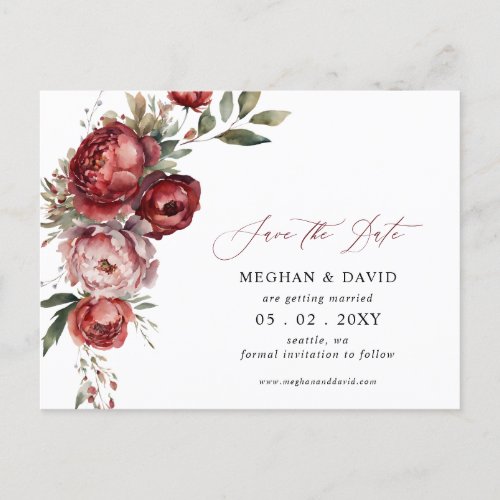 Elegant Burgundy Blush Floral Save the Date Announcement Postcard