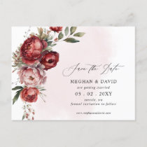 Elegant Burgundy Blush Floral Save the Date Announcement Postcard