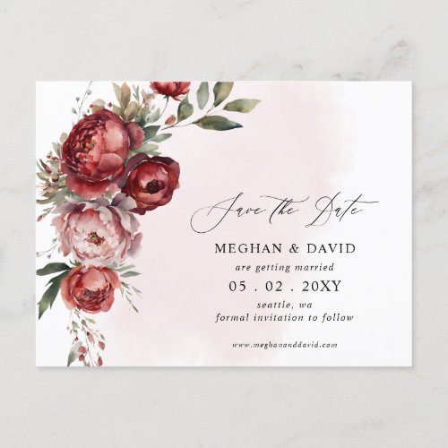 Elegant Burgundy Blush Floral Save the Date Announcement Postcard