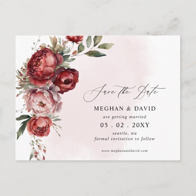 Elegant Burgundy Blush Floral Save the Date Announcement Postcard (Front)
