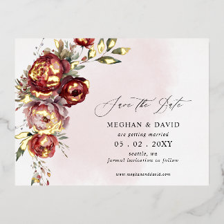 Elegant Burgundy Blush Floral Save the Date Foil Invitation Postcard