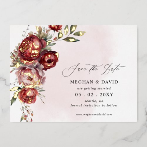 Elegant Burgundy Blush Floral Save the Date Foil Invitation Postcard