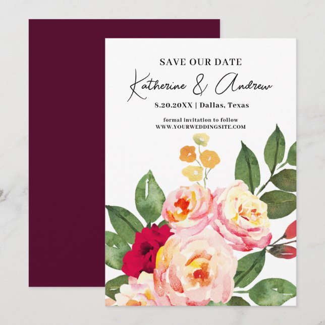Elegant Burgundy Blush Floral Save The Date Invitation (Front/Back)