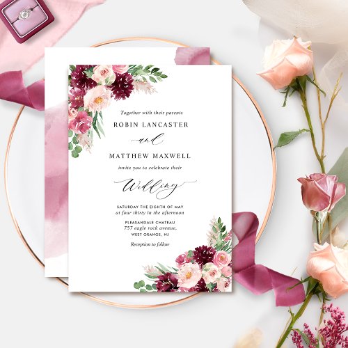 Elegant Burgundy Blush Floral  Sprays Wedding Invitation