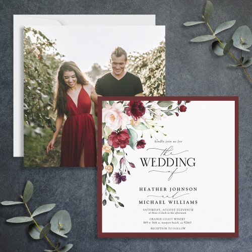 Elegant Burgundy Blush Floral Watercolor Photo Invitation