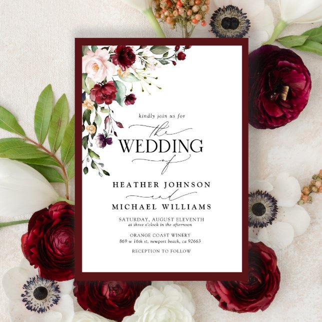 Elegant Burgundy Blush Floral Watercolor Script Invitation (Creator Uploaded)