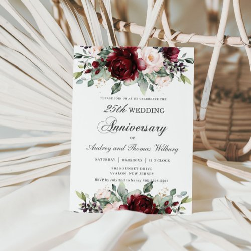 Elegant Burgundy Blush Floral Wedding Anniversary Invitation
