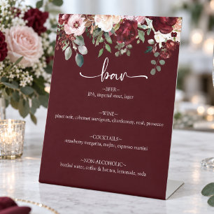 Elegant Burgundy Blush Floral Wedding Bar Menu Pedestal Sign