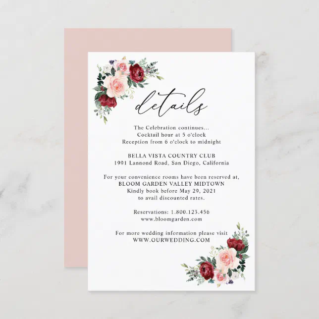 Elegant Burgundy Blush Floral Wedding Details Enclosure Card | Zazzle