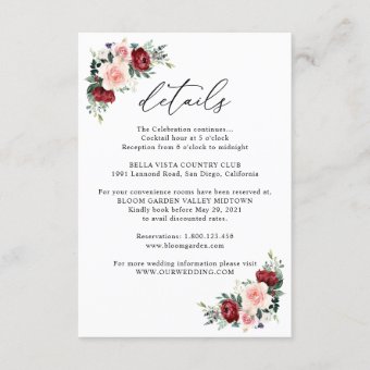 Elegant Burgundy Blush Floral Wedding Details Enclosure Card | Zazzle