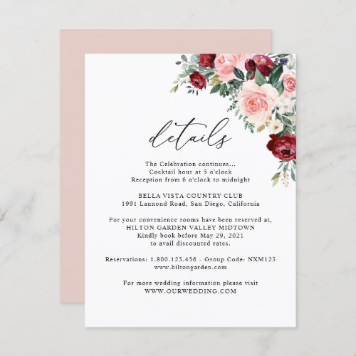 Elegant Burgundy Blush Floral Wedding Details Enclosure Card