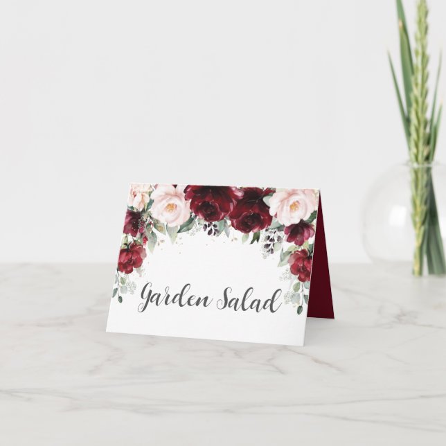 Elegant Burgundy Blush Floral Wedding Food Tent Card (Front)