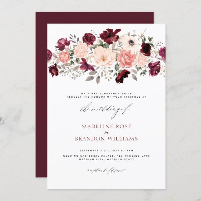 Elegant Burgundy Blush Floral Wedding Invitation (Front/Back)