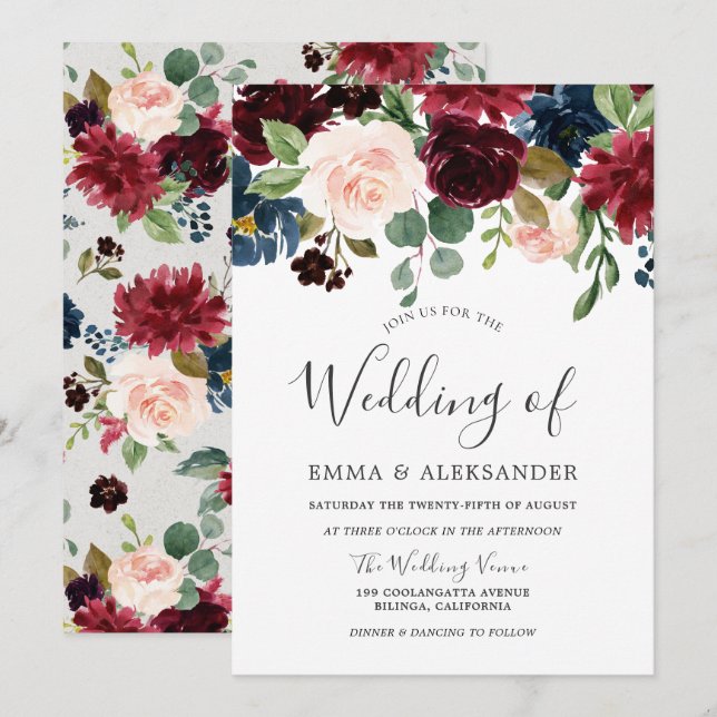 Elegant Burgundy & Blush Floral Wedding Invitation (Front/Back)