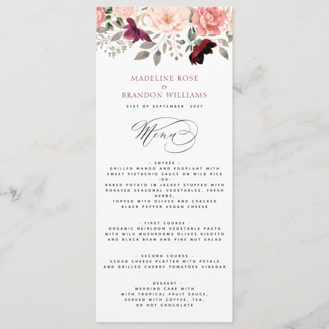 Elegant Burgundy Blush Floral Wedding Menu (Front)