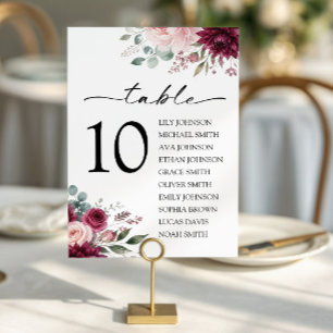 Elegant Burgundy Blush Floral Wedding Names Table Number