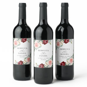 Elegant Burgundy Blush Floral Wedding Personalized Wine Label