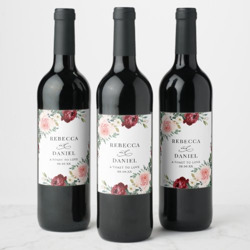Elegant Burgundy Blush Floral Wedding Personalized Wine Label