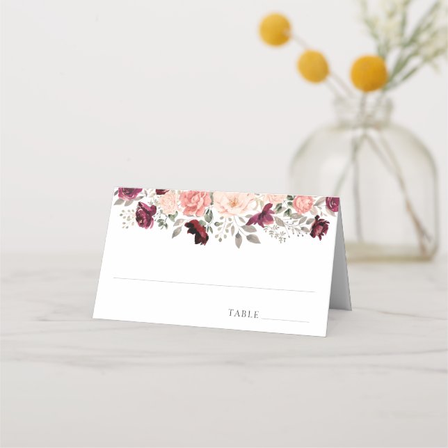 Elegant Burgundy Blush Floral Wedding Place Card (Front)