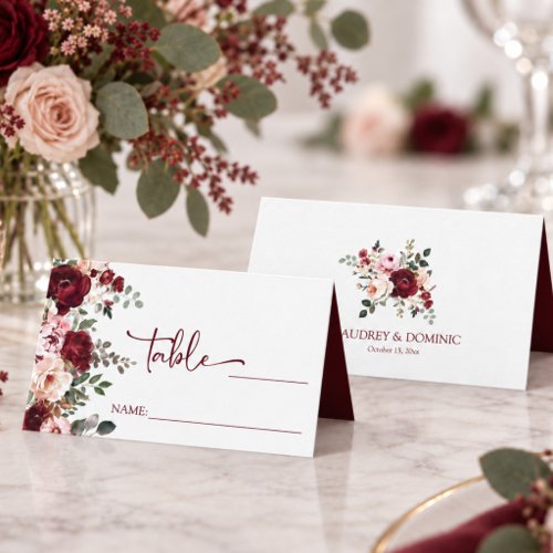 Elegant Burgundy Blush Floral Wedding Place Card