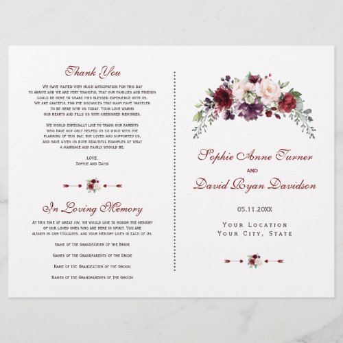 Elegant Burgundy Blush Floral Wedding Program