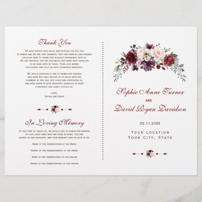 Elegant Burgundy Blush Floral Wedding Program (Front)