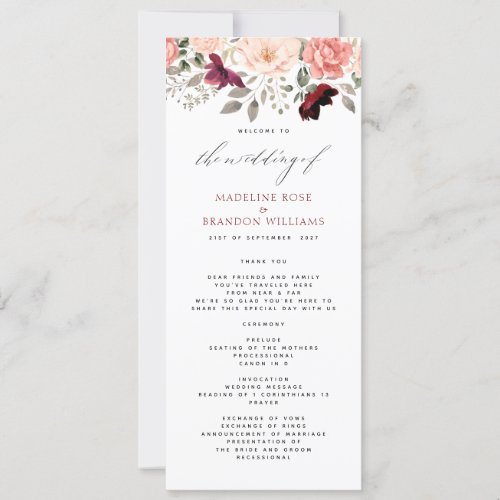 Elegant Burgundy Blush Floral Wedding Program