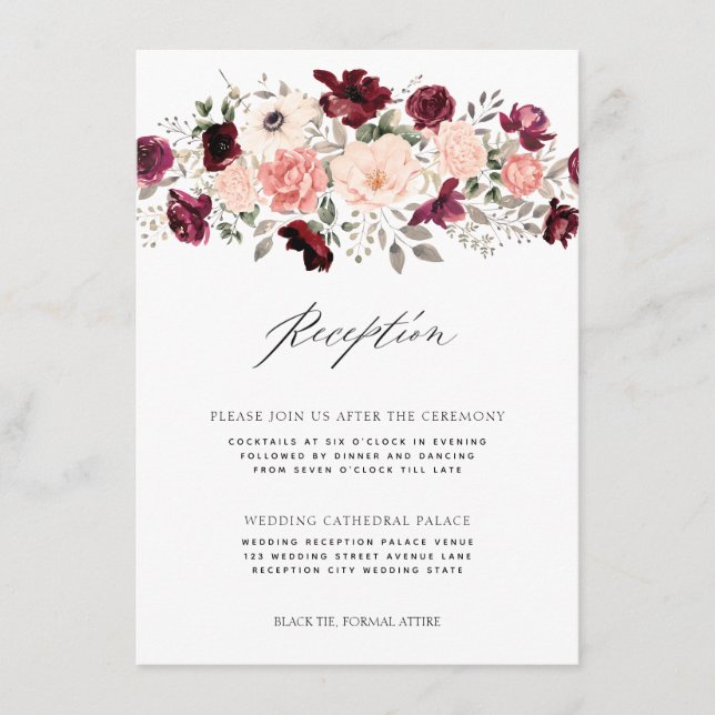 Elegant Burgundy Blush Floral Wedding Reception Enclosure Card (Front)