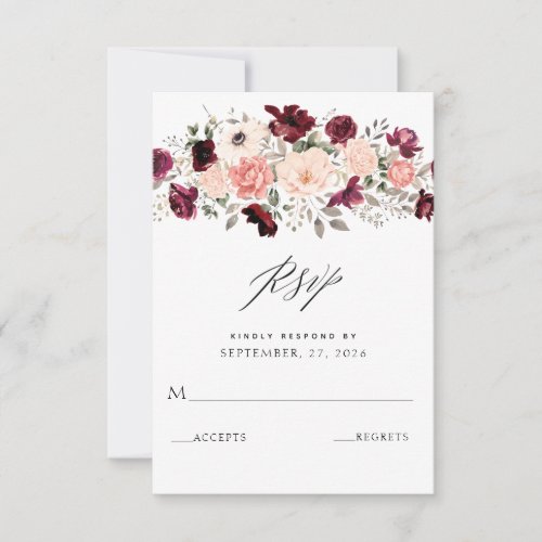 Elegant Burgundy Blush Floral Wedding RSVP Card