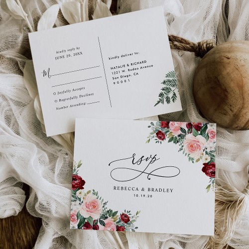Elegant Burgundy Blush Floral Wedding Rsvp Postcard