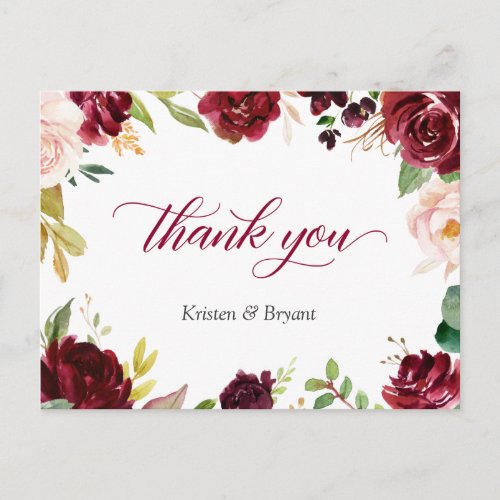 Elegant Burgundy Blush Floral Wedding Thank You Postcard