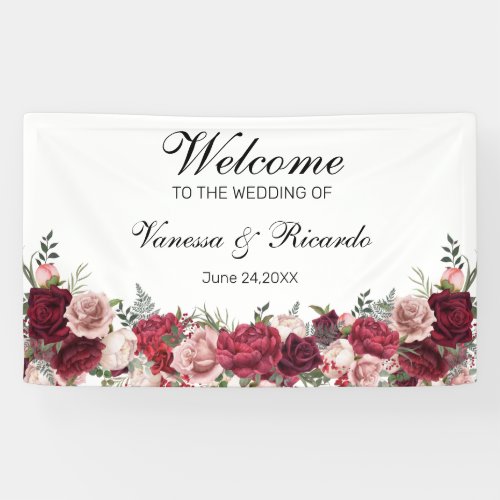Elegant Burgundy Blush Floral Wedding Welcome Banner