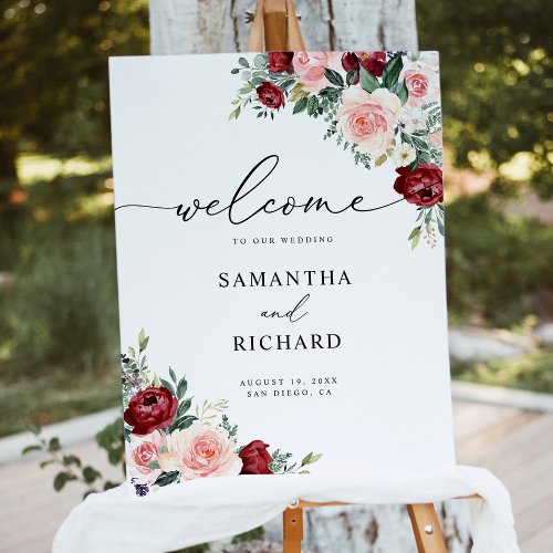 Elegant Burgundy Blush Floral Wedding Welcome Sign