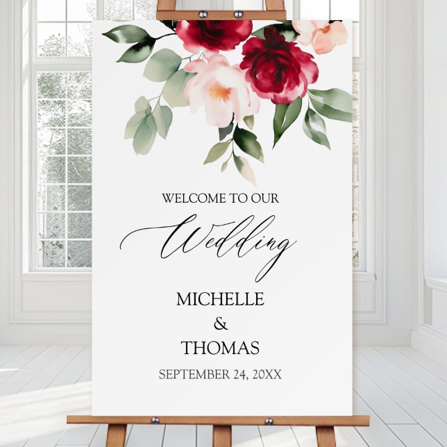 Elegant Burgundy Blush Floral Wedding Welcome Sign (Creator Uploaded)