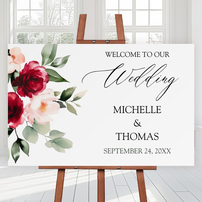 Elegant Burgundy Blush Floral Wedding Welcome Sign (Creator Uploaded)