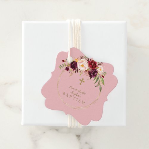 Elegant Burgundy Blush Flowers Gold Baptism Favor Tags