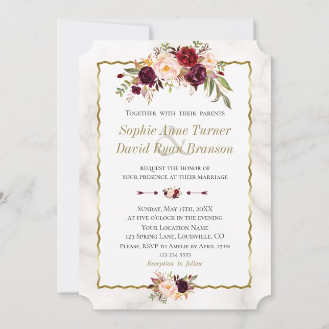 Elegant Burgundy Blush Flowers Gold Marble Wedding Invitation (Front)
