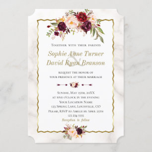 Elegant Burgundy Blush Flowers Gold Marble Wedding Invitation