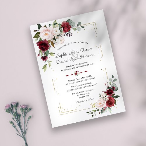 Elegant Burgundy Blush Flowers Gold Wedding  Invitation